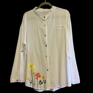 Plus size 5X white cotton long sleeve blouse with flowers.